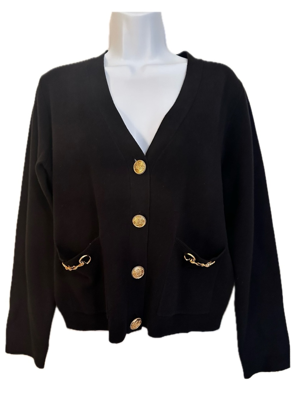 Loft Black V-Neck Cardigan with Gold Buttons and Chain Trim
